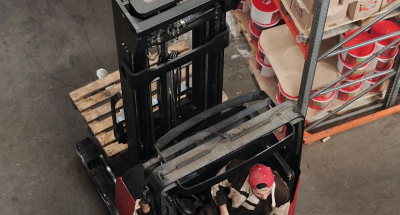 Warehouse employees discussing logistics around a forklift in an industrial setting.
